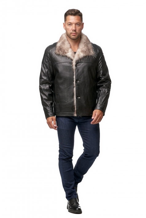 Мужская кожаная куртка из натуральной кожи на меху с воротником, отделка енот 8012283
