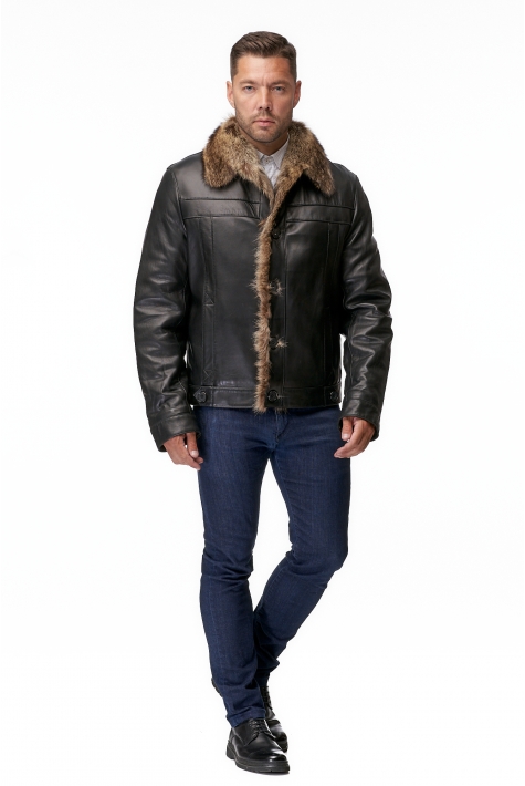 Мужская кожаная куртка из натуральной кожи на меху с воротником, отделка енот 8012286