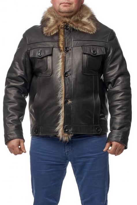 Мужская кожаная куртка из натуральной кожи на меху с воротником, отделка енот 8014371